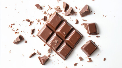 Broken pieces of a chocolate bar falling against a white background, capturing the rich, textured details and the dynamic movement of the scattered chocolate