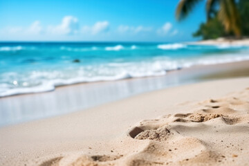 Tropical beach sand close-up. Background with selective focus and copy space