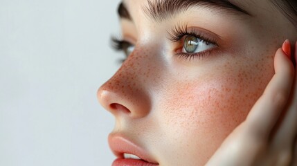 Close-up of a young woman's face with freckles, looking to the side. Her hand is resting on her cheek.