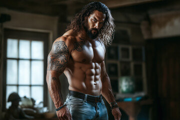 Muscular shirtless man with tribal tattoos in intense pose