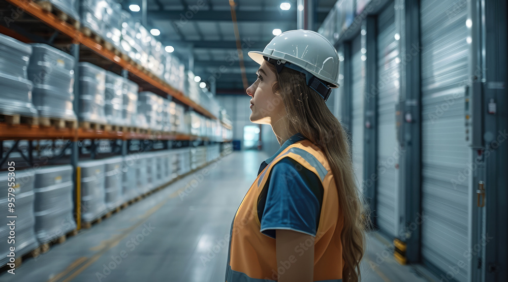 Poster a woman engineer in a protective vest and helmet, opening the door to a modern warehouse with shelve