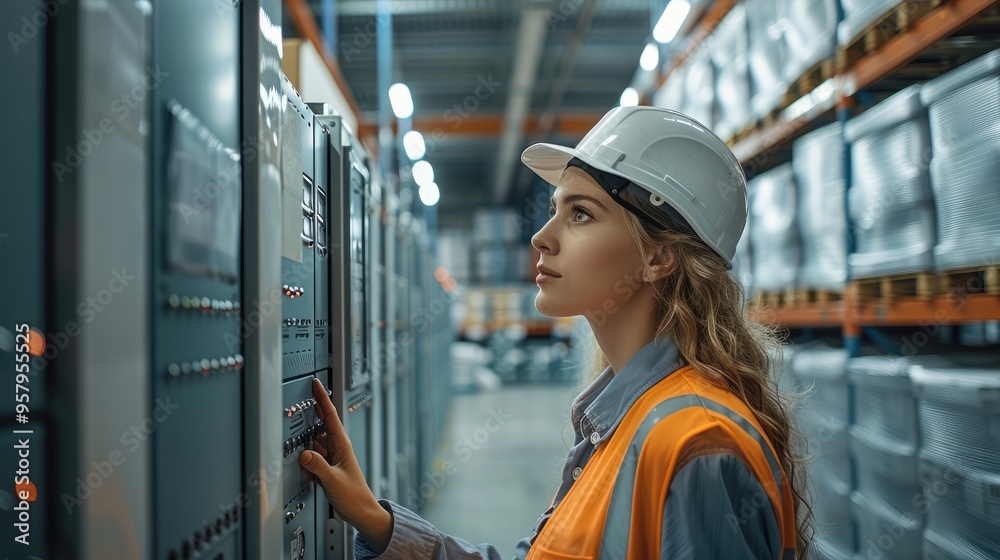 Aufkleber A woman engineer in a protective vest and helmet, opening the door to a modern warehouse with shelves from white containers for power, show on a digital display that controls the temperature.