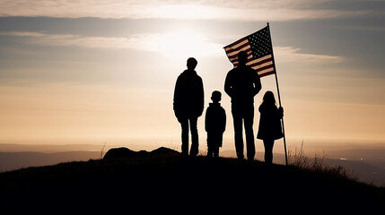 Silhouette of a family on a field on American Independence Day