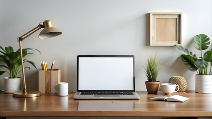 Modern minimalist workspace mockup with a laptop. lamp. plants. and a blank frame.