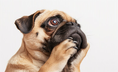 A pug with a dreamy expression with both hands on his cheeks generated by AI