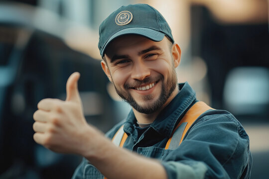 Grinning mechanic giving a thumbs-up inside a car