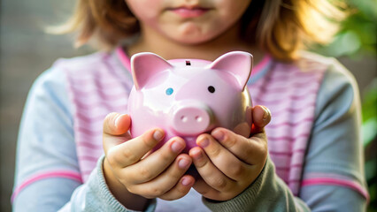 Little Girl Holding A Pink Piggy Bank.  Saving Money.  Financial Future.