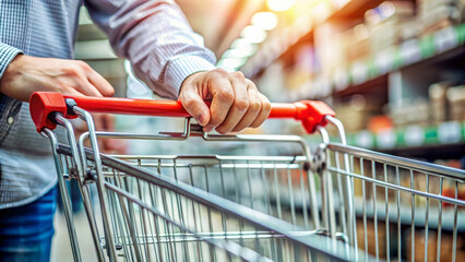 Closeup of a hand pushing a shopping cart in a supermarket. the red handle and shiny metal are visible. the background is blurred.