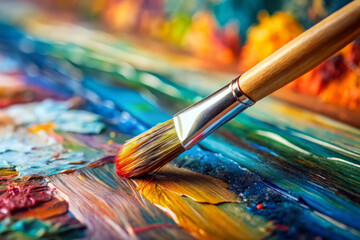 Fototapeta premium Close-up of a paintbrush on a palette with vibrant colors. abstract art concept.