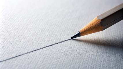 Closeup of a sharpened pencil drawing a line on white textured paper.