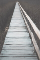 Old wooden boardwalk with a railing on the side and watchtower in the Sic reed reservation, Cluj , Romania