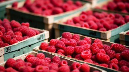 : ripe strawberries arranged on thin wooden box, showcased at a vibrant street food market, capturing the essence of summer and providing a tempting treat.