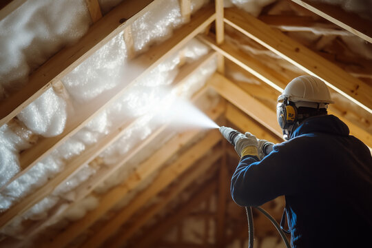 Worker spraying insulation foam in attic