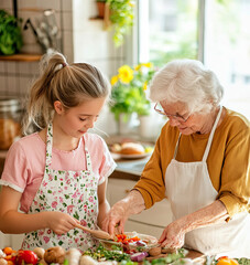 A teenage granddaughter is helping her grandmother prepare a family celebration meal in the kitchen
