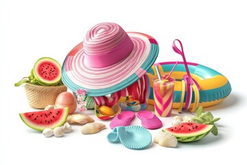 A realistic arrangement of various summer items on a white background,