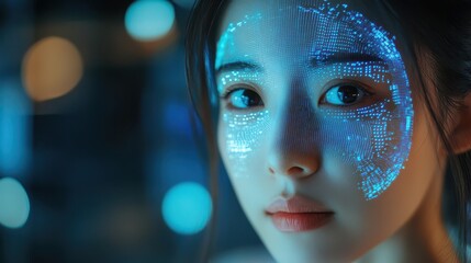 Asian woman using a digital screen for biometric facial recognition, holographic projections of her face and fingerprints