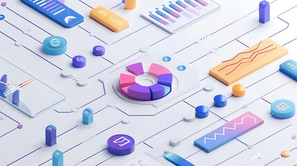 Abstract 3D illustration with colorful data visualization icon and connected chart lines for futuristic digital world technology innovation and information flow concept.