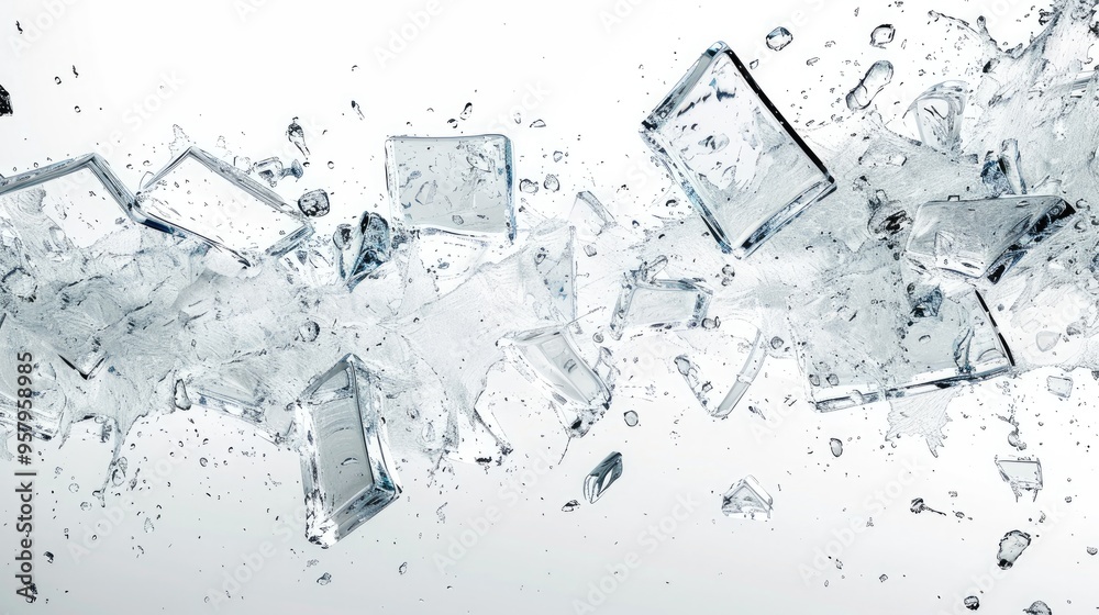 Aufkleber shattered glass effect, fragments of shattered glass frozen mid-air, creating a dynamic explosion ef