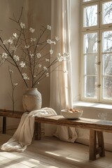 The peaceful light interior in japandi style