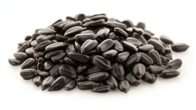 A close-up view of delicious sunflower black seeds, isolated on a clean white background, showcasing their rich texture and glossy finish