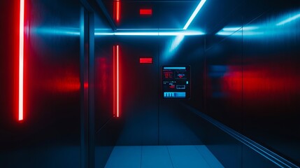 A dark hallway with red and blue lights