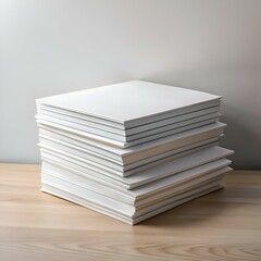 A neat stack of blank white papers on a wooden table.