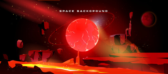 Space adventure game background with red alien planet. Vector cartoon illustration of fantasy cosmic landscape with lava flow in cracked rocks, stones flying in air, shimmering particles in darkness © klyaksun