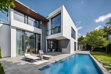 Modern private house with blue sky, House design, real estate property architecture concept