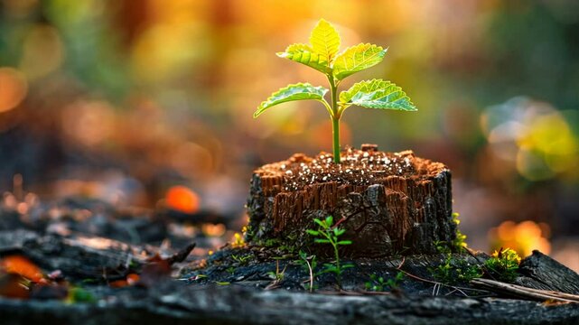 New Life: A sapling sprouts from the charred remains of a tree stump, symbolizing resilience, rebirth, and hope in the face of adversity. Its verdant leaves reaching towards the golden sunlight, a tes