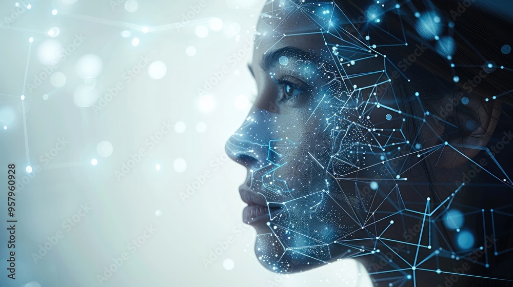 Poster cybernetic augmentation through advanced interfaces close up, focus on, copy space bold and futurist