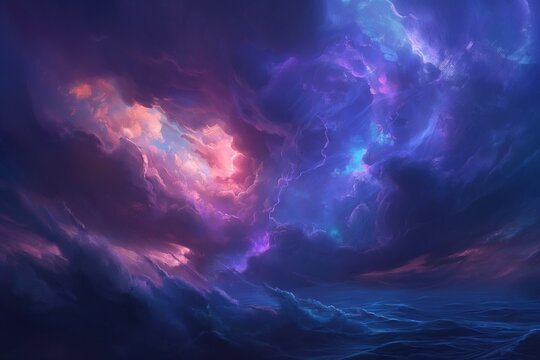 A dramatic sky with dark storm clouds, symbolizing the brooding and ominous nature of Omkar's weather-summoning skills