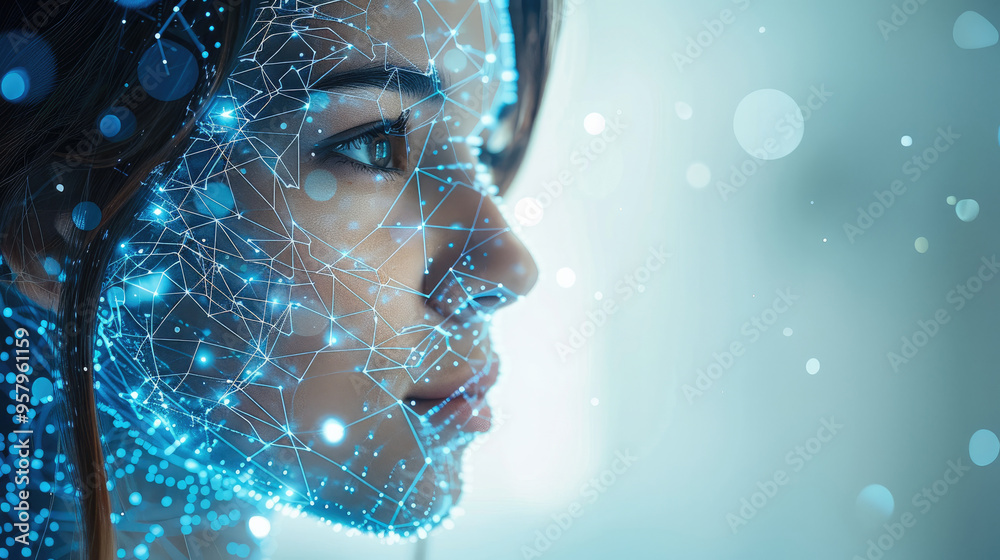 Poster Cybernetic augmentation through advanced interfaces close up, focus on, copy space Bold and futuristic, enhancing human experience Double exposure silhouette with connected technology. Generative AI.