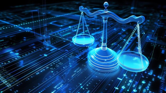 Abstract 3D digital justice scales with circuit board background for representing futuristic law technology innovation and advanced legal system concept.