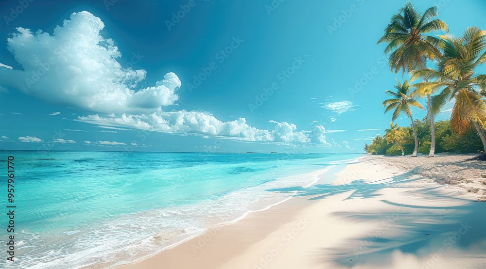 Poster under the blue sky, a tropical beach with palm trees and white sand. bright and clear background. ge
