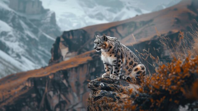 Snow Leopard Perched on Rocky Mountainside Scanning Snowy Wilderness - Powered by Adobe