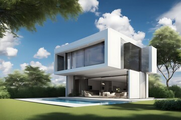 Modern private house with blue sky, House design, real estate property architecture concept