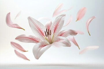 Naklejka premium A soft pink lily with its petals gracefully floating away, set against a white background
