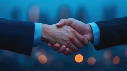 Futuristic Virtual Business Deal - Holographic Handshake in Digital Cityscape