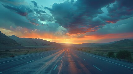 Empty Highway Stretching Through a Dramatic Sunset Over Rolling Hills