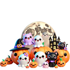 Fototapeta premium Cute Halloween scene featuring cute ghosts, pumpkins, black cats, and a witch hat against a full moon and haunted house.