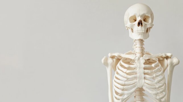 A human skeleton model stands against a white background. It has a full torso, skull, and shoulder bones. The skeleton is facing the camera with its head tilted slightly to the right