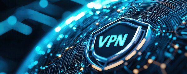 A close-up of a digital globe featuring a prominent VPN shield symbol, representing online security and privacy in technology.