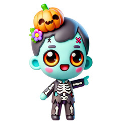 Cute cartoon zombie with green skin. 3D Halloween sticker isolated on transparent background.