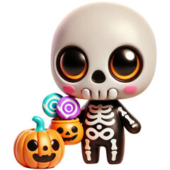 Cute cartoon skeleton holding a pumpkin bucket filled with colorful candies, standing beside a jack-o'-lantern, capturing the playful spirit of Halloween.