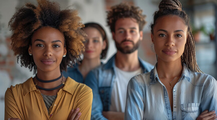 Fototapeta premium Diverse millennial business team with crossed arms, confident and collaborative. Generative AI.