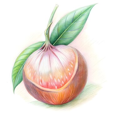 recommend clip art: Detailed pencil drawing of a Quandong fruit. half cut to reveal its fleshy interior and seeds.