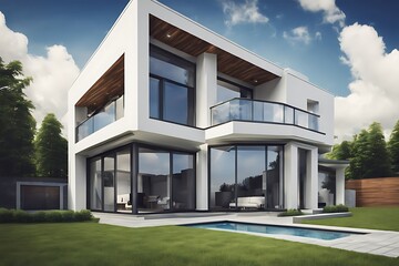 Modern private house with blue sky, House design, real estate property architecture concept