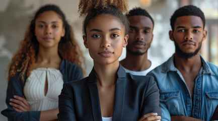 Fototapeta premium Diverse millennial business team with crossed arms, confident and collaborative. Generative AI.