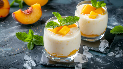 Mint, Peach, and Mango Fruit Sour Cream in a Glass Cup. Packaging, Ads, Social Media, Labels, Banners, Websites