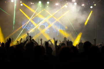 Crowd at concert and colorful stage lights.